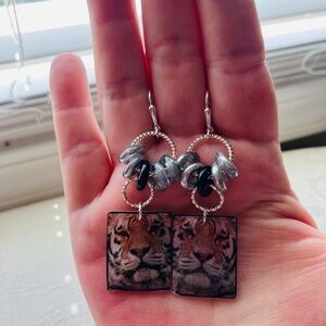 Silver and Black Handmade Printed Tiger Shell Pierced Leverback Earrings